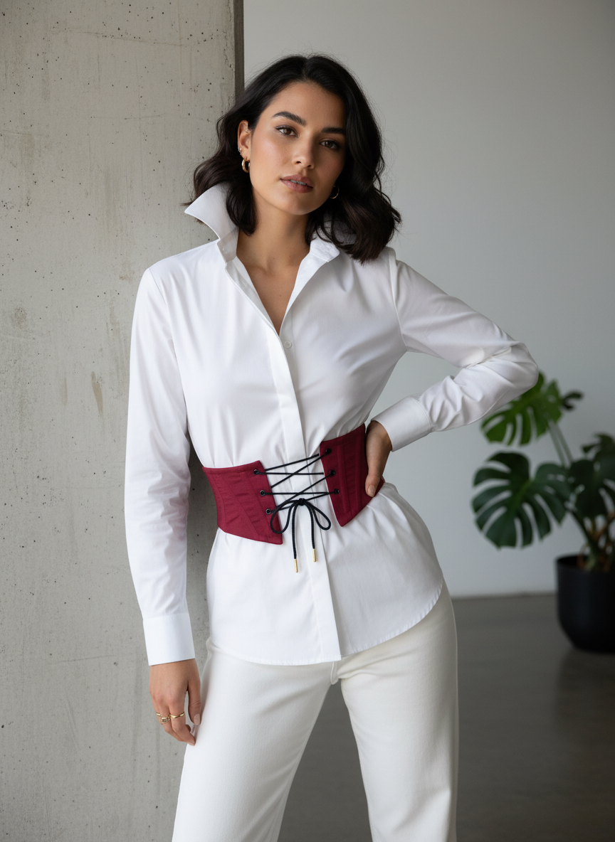 Ceinture corset Améthyste baleiné en moiré rouge